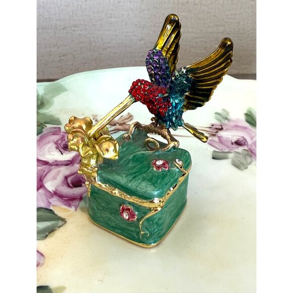 Vintage 90s Rhinestone Encrusted Hummingbird Ring Box Green Enamel - Picture 4 of 14